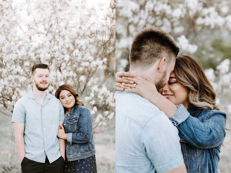 White tree blossoms engagement session